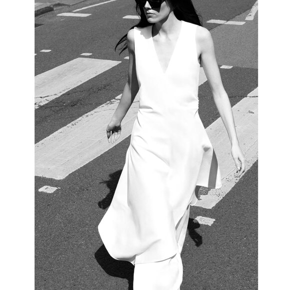 COS Dresses & Skirts - COS Gathered Asymmetric Midi Dress White V-Neck Ruched Cinched Sleeveless Small